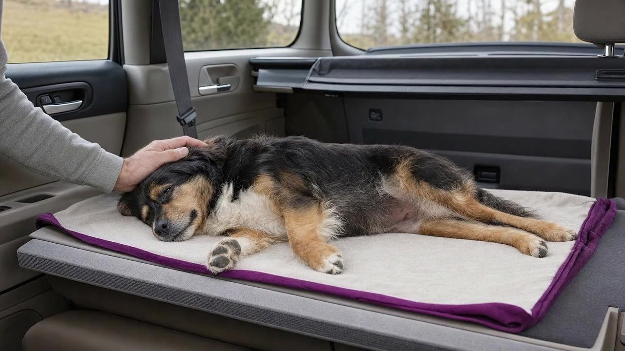 Pies leży płasko na sztywnym podłożu w aucie